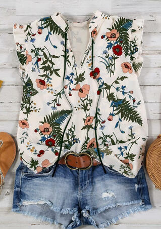 Floral Ruffled V-Neck Tank - White