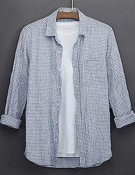 衬衫 麻棉 小方领 男款 苍青方格