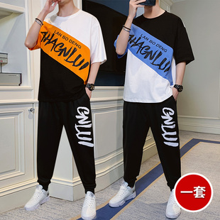 夏季短袖纯棉t恤男士休闲运动套装青年韩版潮流宽松拼色两件套