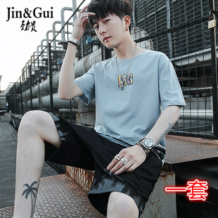 劲贵2020新款纯棉休闲运动套装休闲裤短袖t恤潮流两件套男