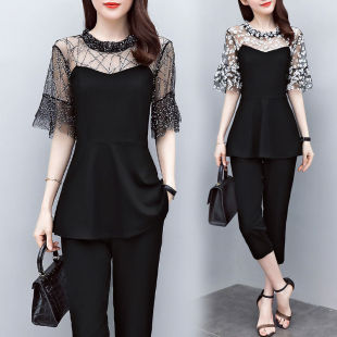 2020夏季新款韩版大码女装气质减龄网纱拼接显瘦两件套