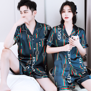 情侣睡衣女夏季冰丝短袖薄款开衫男丝绸大码卡通家居服两件套装B