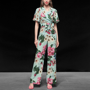 2020夏装新款复古印花套装 气质西装领侧绑带上衣+个性搭片阔腿裤