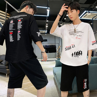夏季国潮男士短袖t恤潮流帅气运动休闲套装高中学生t桖五分袖潮牌