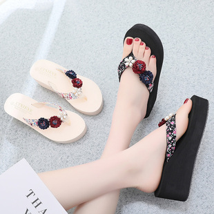 2020新款拖鞋女夏时尚外穿网红夹脚沙滩凉拖鞋花朵坡跟厚底人字拖
