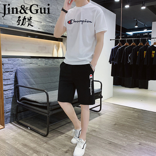劲贵2020新款纯棉休闲运动套装休闲裤短袖t恤潮流两件套男