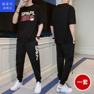 夏季新款男士长裤短袖套装潮流宽松半袖ins潮牌纯棉体恤两件套t恤