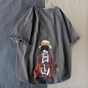 海贼王2020款港风夏季男士短袖t恤体恤潮流宽松帅气ins五分半袖