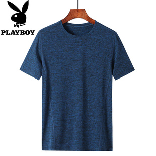 花花公孑短袖t恤男士圆领速干冰丝滑料半袖宽松大码中老年爸爸T恤