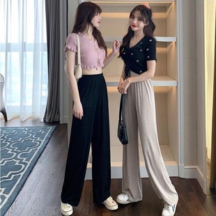 第2件10元！2020夏季薄款高腰s松紧腰阔腿裤垂感显瘦直筒女mm宽松