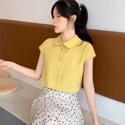 雪纺衫女2020夏季甜美淑女飞飞袖雪纺衬衫韩版短袖娃娃领雪纺衫