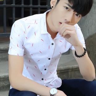 夏季短袖衬衫男韩版修身潮流学生男士衬衣青少年男装帅气休闲寸衫