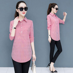韩版春季新款中长款条纹衬衫女条纹长袖打底衫女上衣宽松女士衬衣