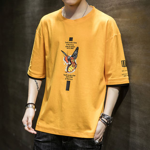 夏季新款男士短袖T恤潮牌宽松落肩袖圆领体恤ins青年纯棉打底衫薄