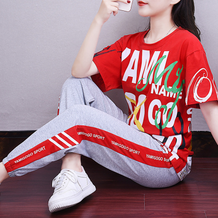 2020夏季新款时尚休闲运动套装大码字母印花短袖T恤束脚裤两件套
