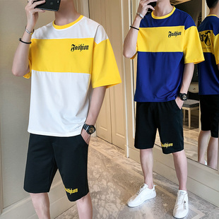 夏季男士休闲套装2020年潮流时尚印花圆领体桖青年百搭撞色运动装