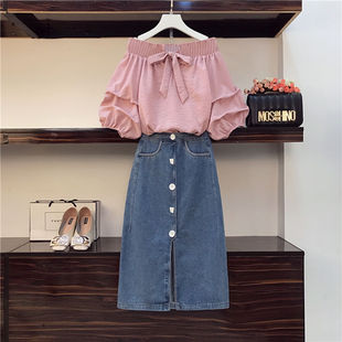 单/大码女装200斤胖妹妹夏季套装女洋气遮肚显瘦牛仔半身裙两件套
