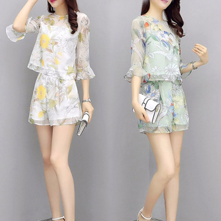 小香风短裤套装女夏季时尚2020新款韩版洋气显瘦气质雪纺两件套潮