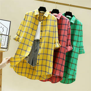胖mm春秋中长款格子衬衫女长袖磨毛纯棉宽松大码防晒洋气衬衣外套