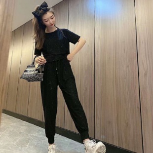 夏季薄款星空钻石闪闪短袖T恤套装百搭显瘦上衣休闲束脚哈伦裤女