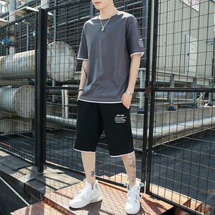 纯棉短袖t恤男士休闲套装夏季宽松潮牌半袖韩版潮流T体桖男上衣服
