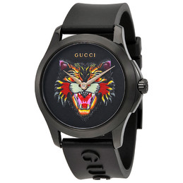 G-Timeless Black with Cat Motif Dial Rubber Watch