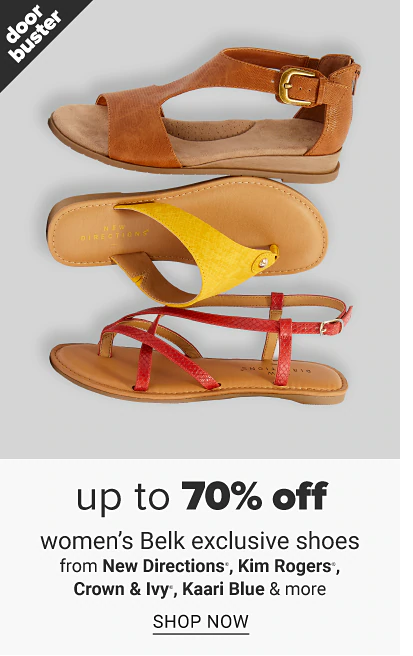 Three sandals in different colors and styles. Doorbuster, up to 70% off shoes from New Directions, Kim Rogers, Crown and Ivy, Kaari Blue and more, shop now.