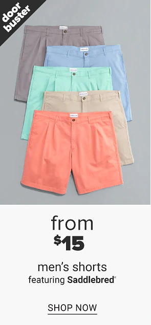 A beige short sleeve button front shirt on top of a stack of the same shirt in a variety of other colors. Men's shirts from $10, featuring Saddlebred, shop tops. An orange pair of shorts on top of a stack of the same shortsin a variety of other colors. Men's shorts from $15 featuring Saddlebred, shop shorts.