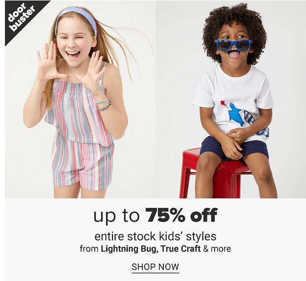 A little girl in a pink, blue and white stripe romper. A little boy in a graphic tee, navy shorts and blue sunglasses. Up to 75% off entire stock kids' styles from Lightning Bug, True Craft and more shop now.